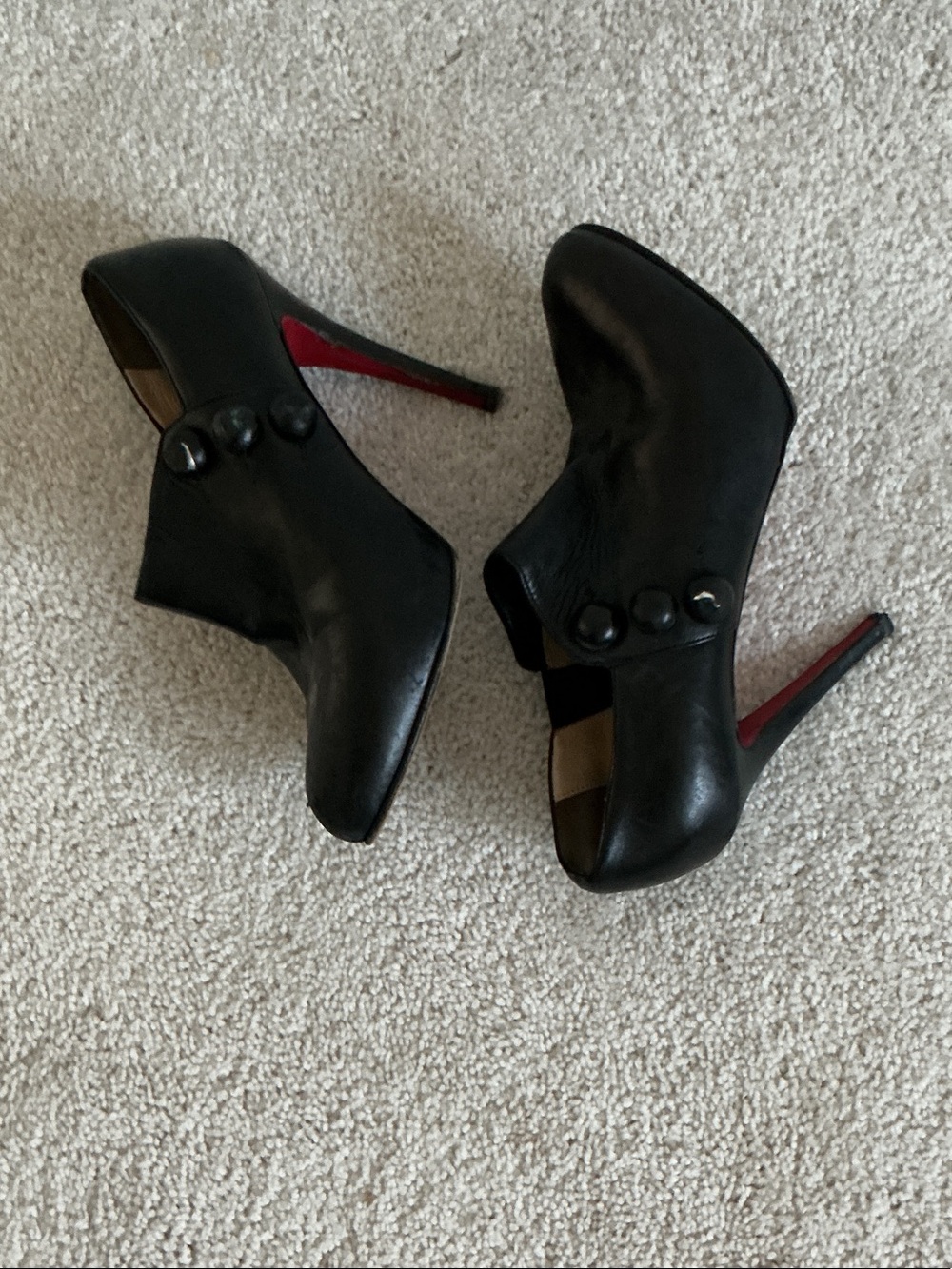 Christian Louboutin Black Leather High Heel Booties with Red Soles